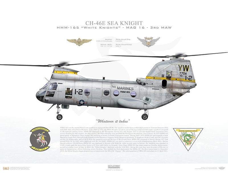 Aircraft profile print of CH-46E Sea Knight HMM-165 White Knights, YW1-2 /  157704 - Profile Print in various sizes