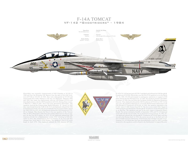 Aircraft profile print of F-14A Tomcat VF-142 Ghostriders, AG200 