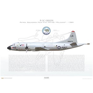 P-3C Orion Patrol Squadron Four Five (VP-45) Pelicans, LN45 / 158570. NAS Jacksonville, FL - 1989 Squadron Lithograph