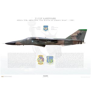 F-111F Aardvark 48th Tactical Fighter Wing, 495th Tactical Fighter Squadron, LN/70-2391, RAF Lakenheath, UK, 1991 - Squadron Lithograph