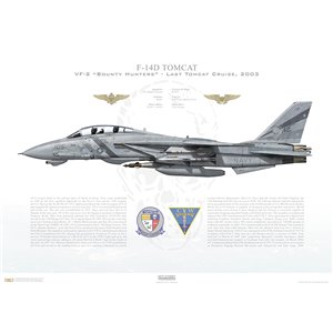 F-14D Tomcat VF-2 Bounty Hunters, NE105 / 163418. CVW-2, USS Constellation CV-64 - Last Tomcat Cruise, 2003 Squadron Lithograph