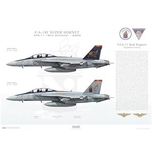 F/A-18F Super Hornet VFA-11 Red Rippers, AC100 / 166632 and AC101 / 166634. CVW-3, 2006
 
Size: Standard - 24 x 16" / 594 x 420mm Squadron Lithograph