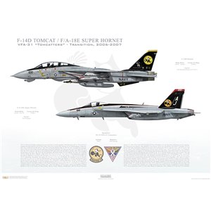 VF-31 to VFA-31 Tomcatters Transition, 2006-2007 / F-14D Tomcat - F/A-18E Super Hornet
 
Size: Standard - 24 x 16" / 594 x 420mm Squadron Lithograph